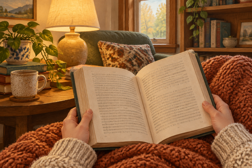 руки, що тримають прочитану книгу на фоні пледа і м'якого світла