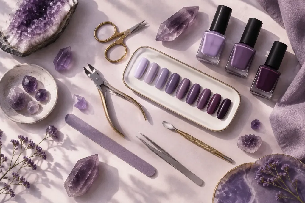 стилізований flat lay з інструментами для манікюру, шматочками аметисту і палітрою фіолетових лаків