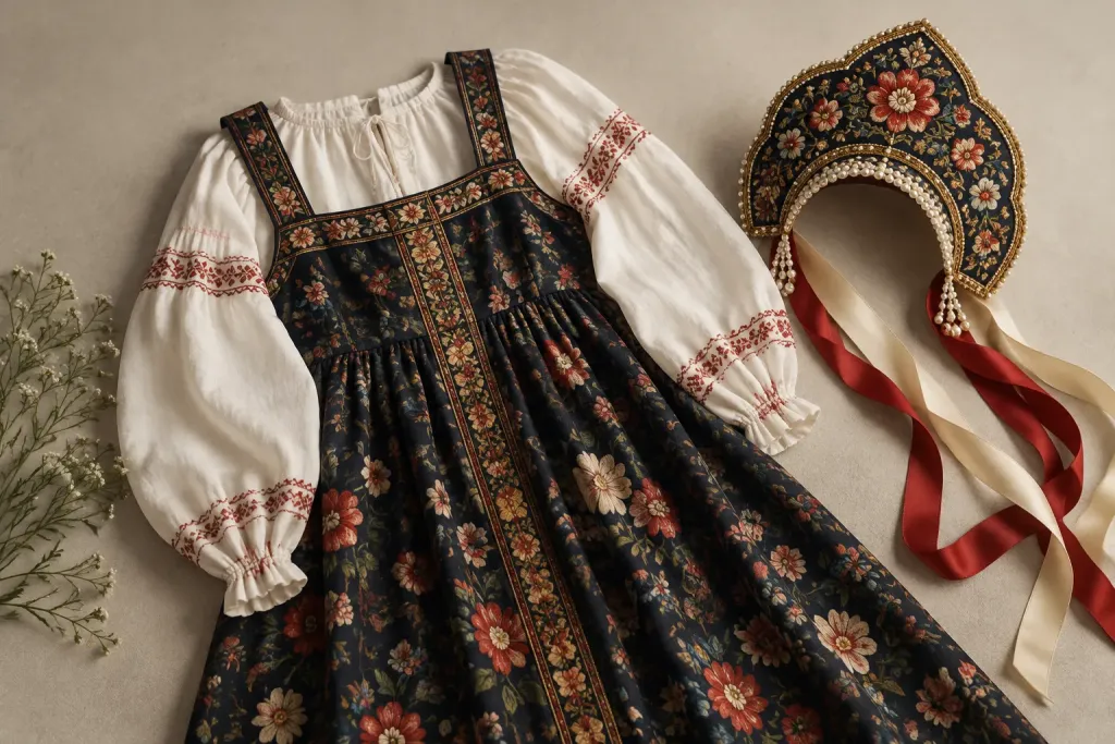 народний сарафан і кокошник на нейтральному тлі українською