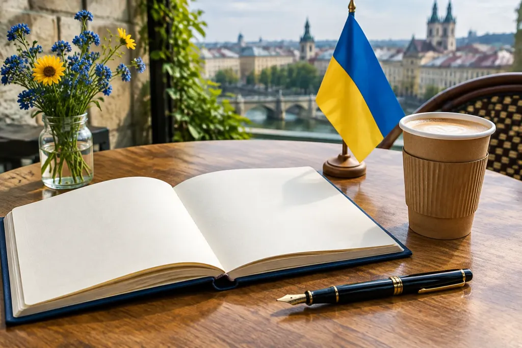 відкритий блокнот для автографів, ручка та паперовий стакан кави на столі поруч з маленьким прапором України